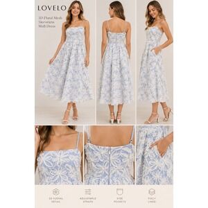 LOVELO 3D Floral Mesh Sleeveless Midi Dress Blue White Striped Boho Pockets